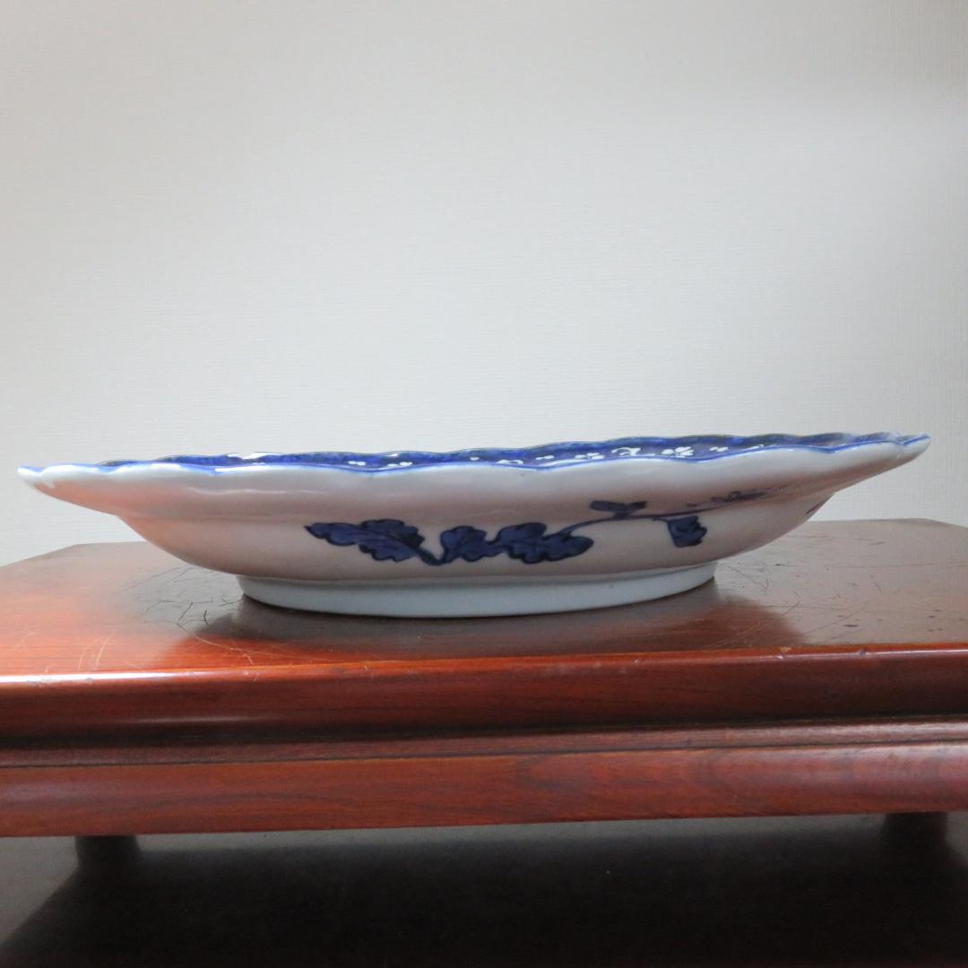 古伊万里 大皿 欠け 変形皿 山水 菊 牡丹 波文 染付