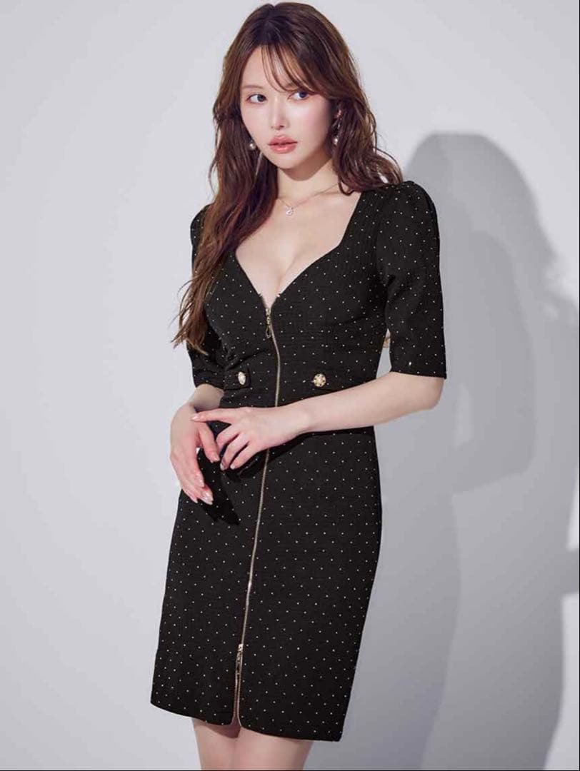 ワッフルビジュージップアップミニドレス/キャバドレス　Jewels