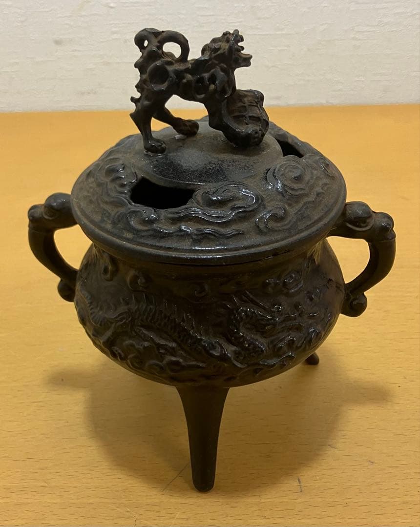 【香炉】三脚獅子摘龍紋獣　耳香炉　香爐　香道具　 古道具
