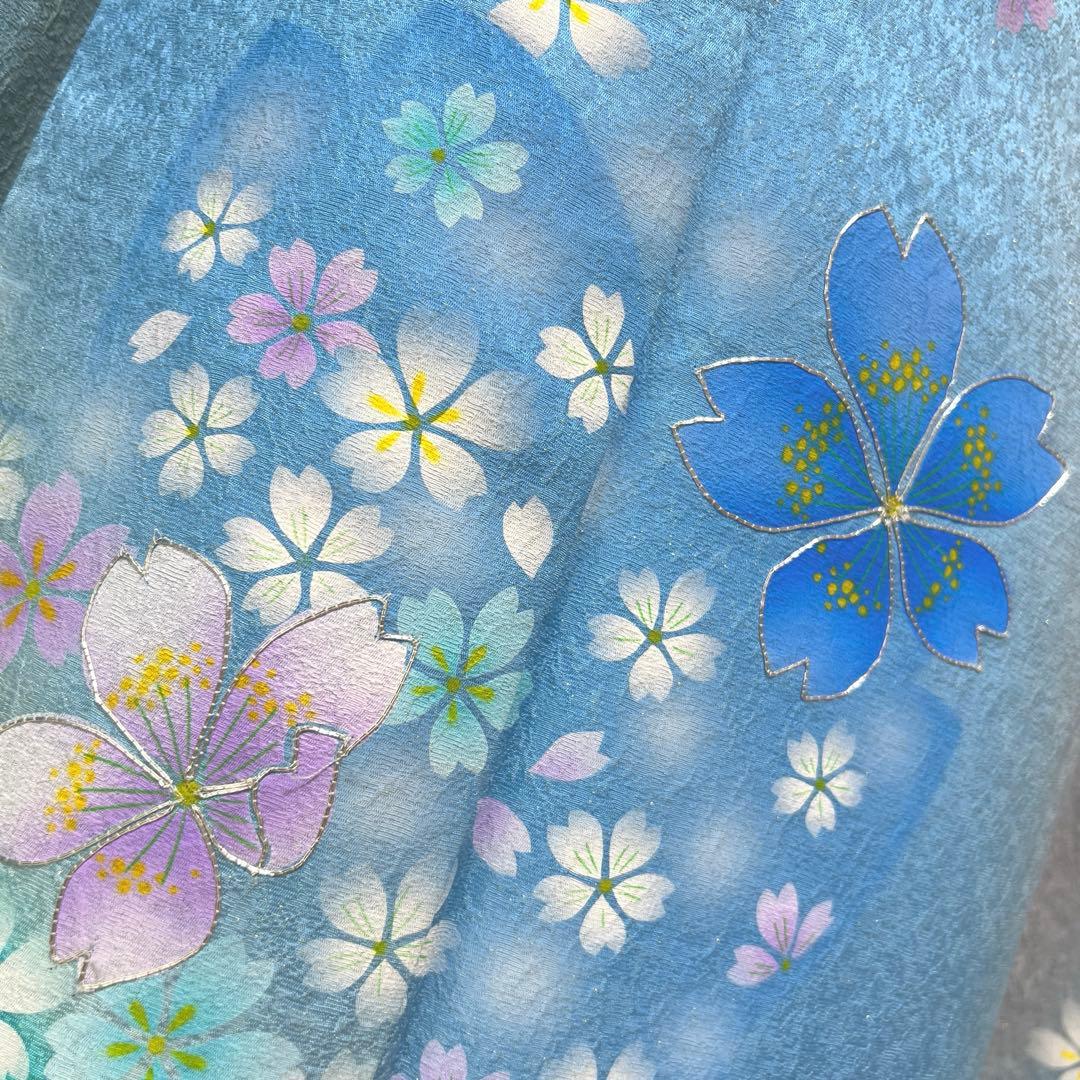 368 振袖フルセット 正絹 水色 ブルーグレー銀彩 駒刺繍 暈し染め お上品