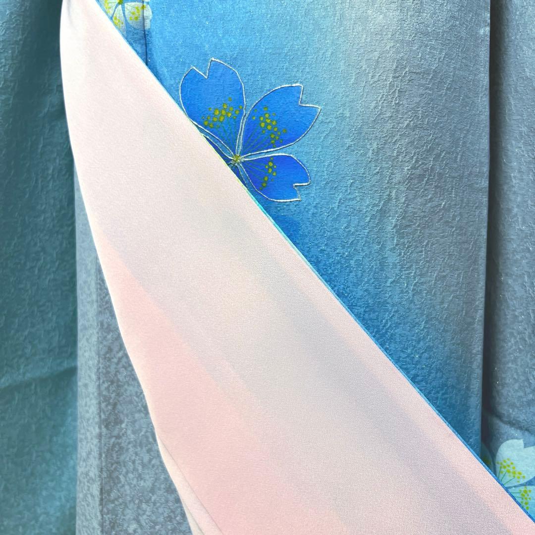 368 振袖フルセット 正絹 水色 ブルーグレー銀彩 駒刺繍 暈し染め お上品