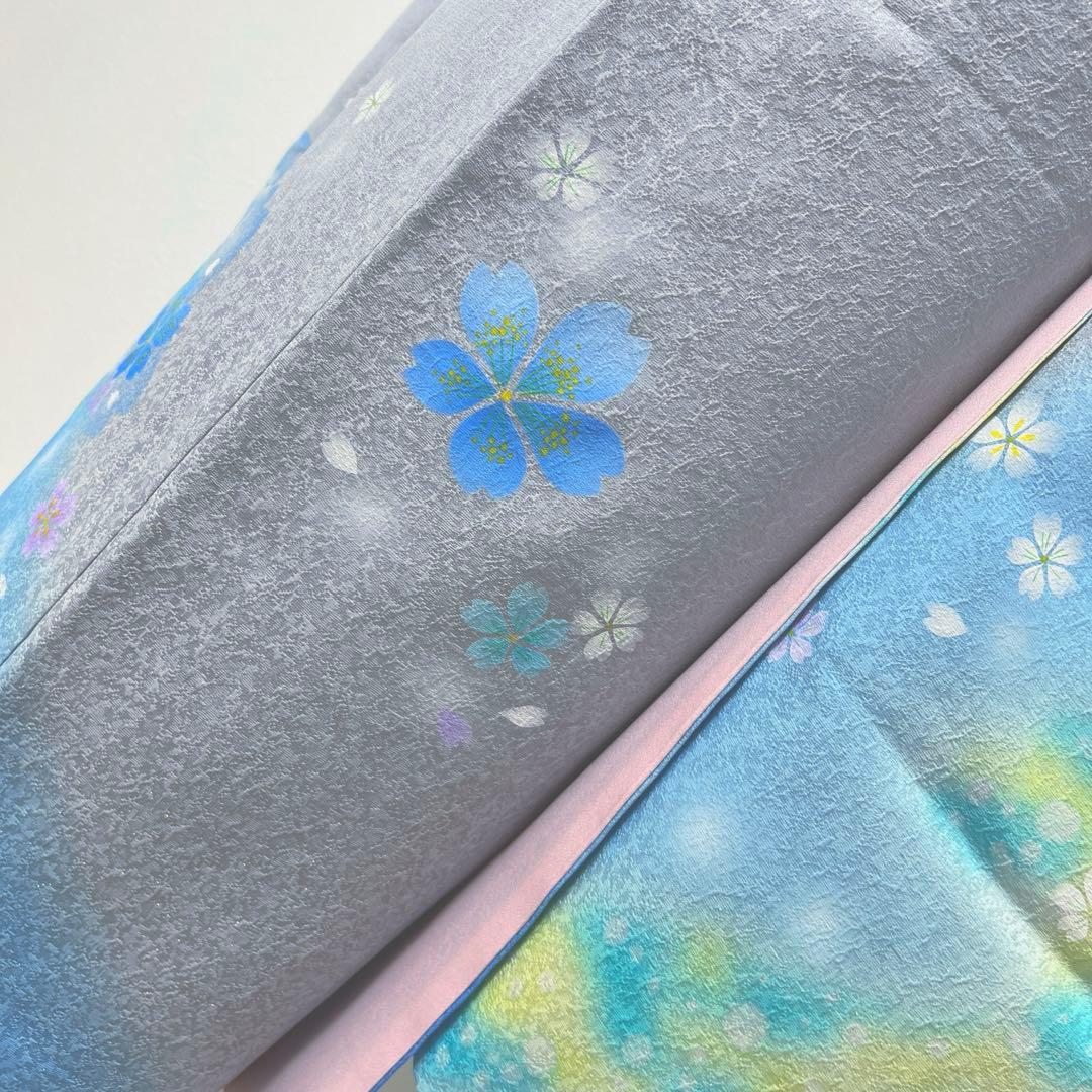 368 振袖フルセット 正絹 水色 ブルーグレー銀彩 駒刺繍 暈し染め お上品