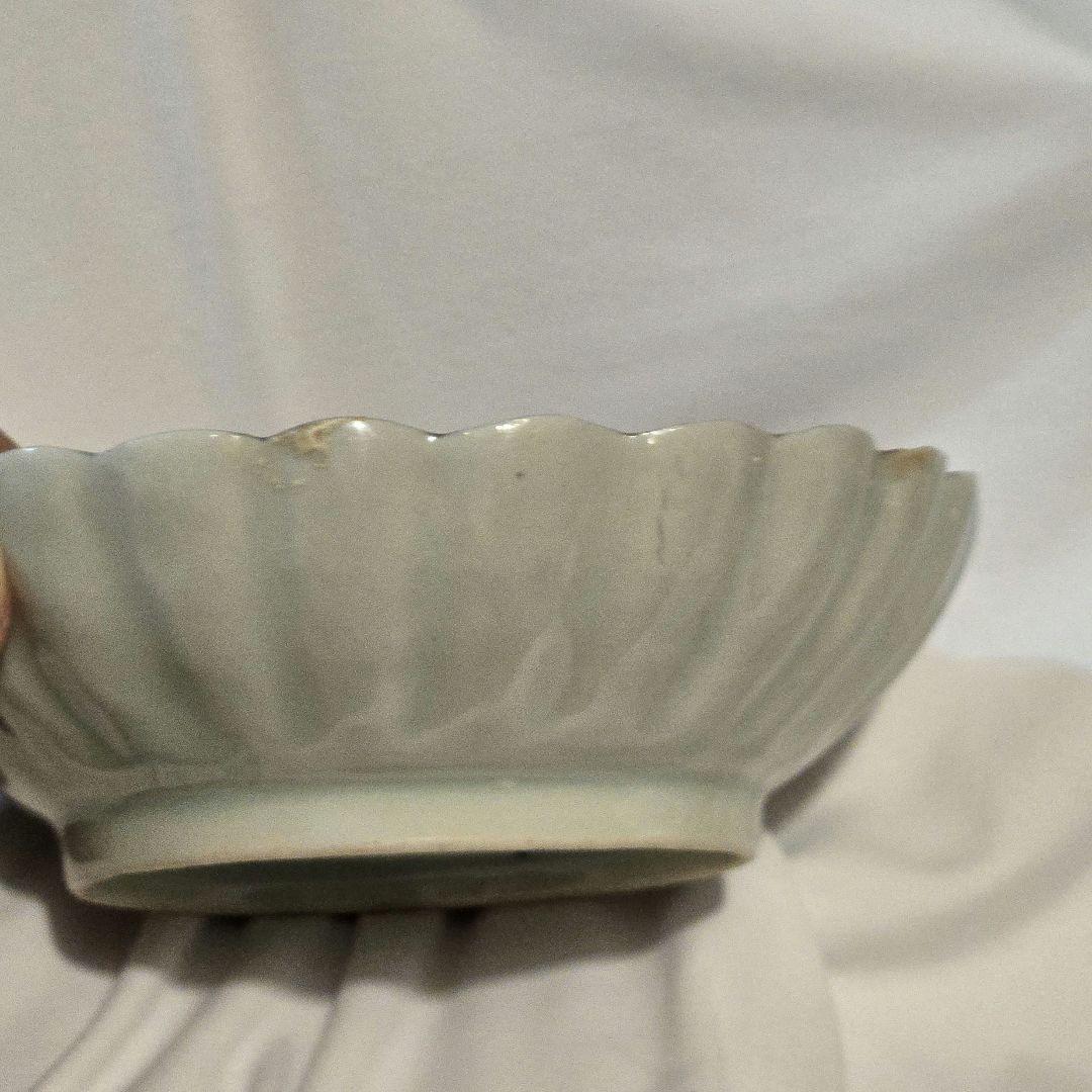 M-1259 古伊万里色絵　波兎とふくら雀紋様青磁　菊花皿