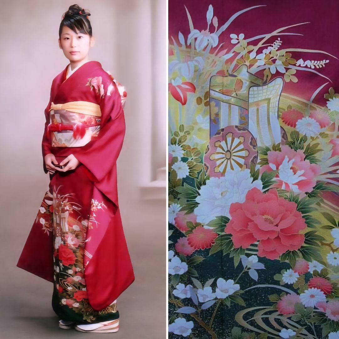 今大変お得なフルセット 正絹赤地振袖 ワイン裾グリーン御所車柄 成人式最適