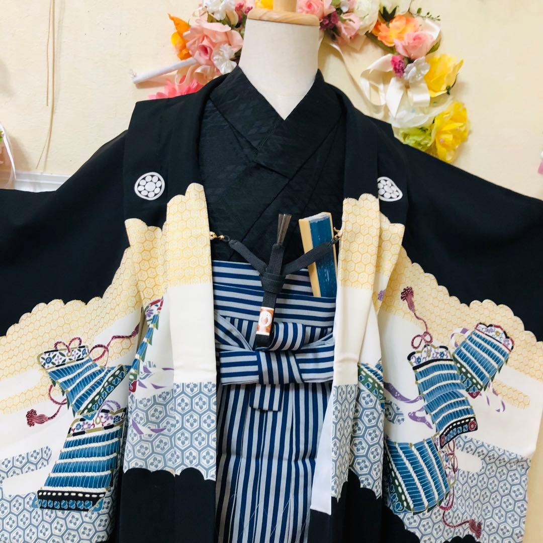 七五三５歳完全フルセット‼️豪華黒地系兜金彩煌びやか⭐︎袴縞スタイルアップ人気銘品