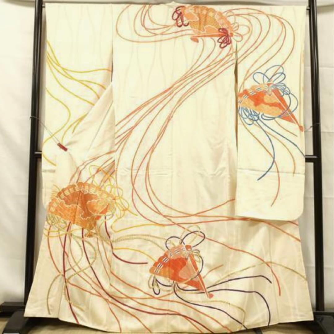 振袖フルセット6点サイズM〜Ｌ駒刺繍　束ね熨斗檜扇花文　金彩　正絹