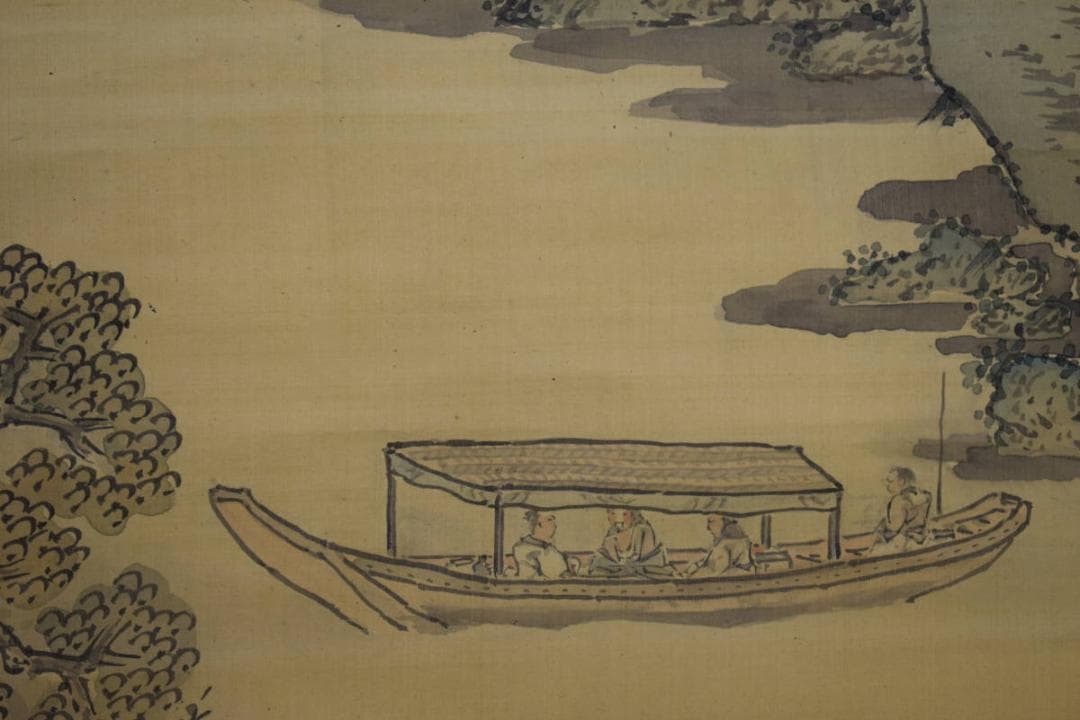 真作/谷文晁/山水屋形船図/絹表装/軸先紫檀/大幅/布袋屋掛軸HH-471