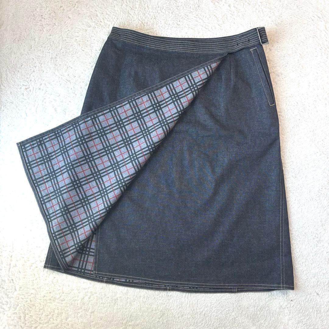 超美品 バーバリーロンドン 大きいサイズ42 ラップスカート インディゴ