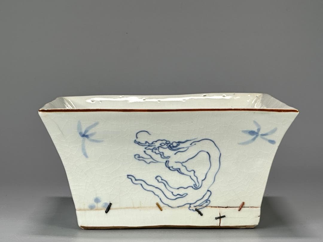 茶道具　白磁　青花龍文　方水指　茶器　大明嘉靖年製　時代供箱付　時代　古物保証