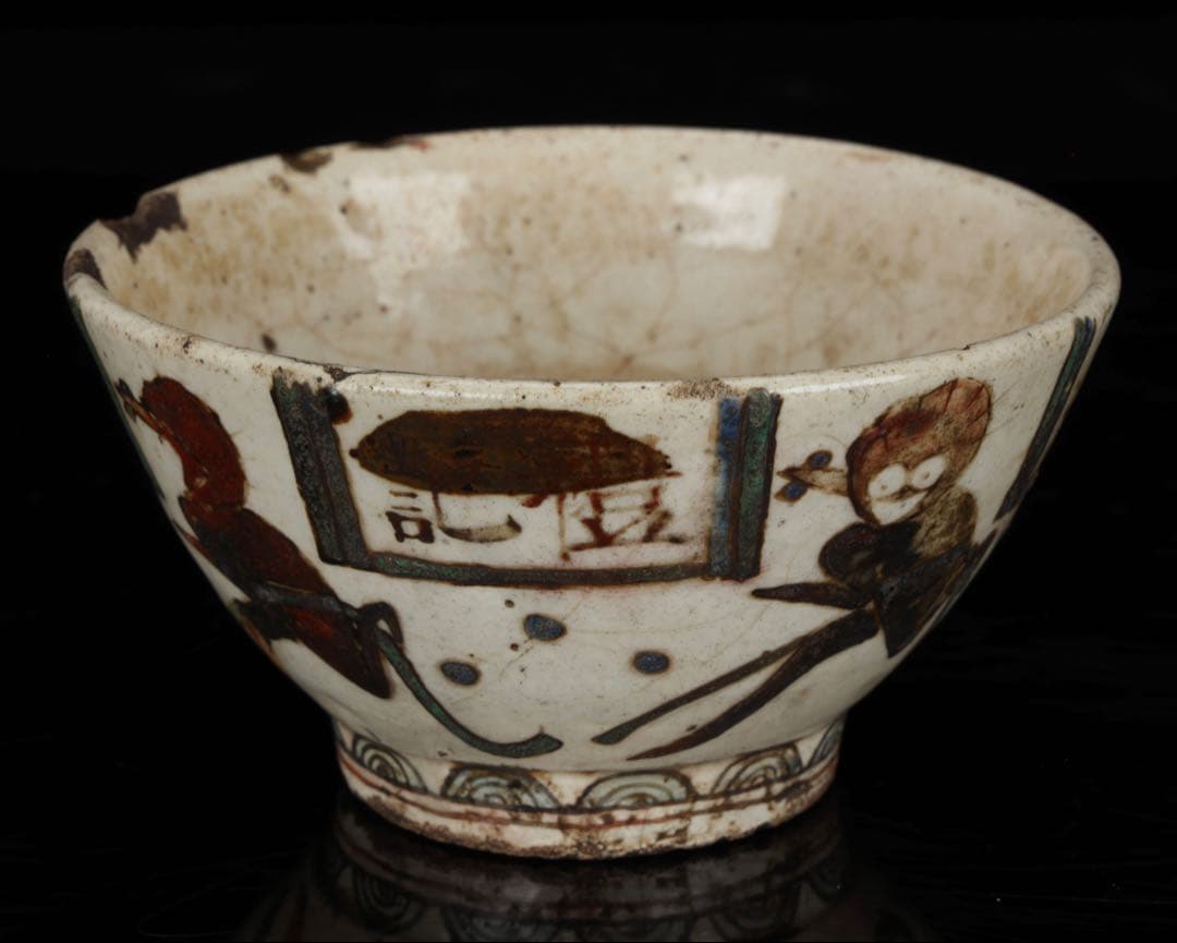 中国古玩 明末〜清初 鉄絵銅彩 五経図人物文茶碗 箱付 儒教経書 茶器 茶道具