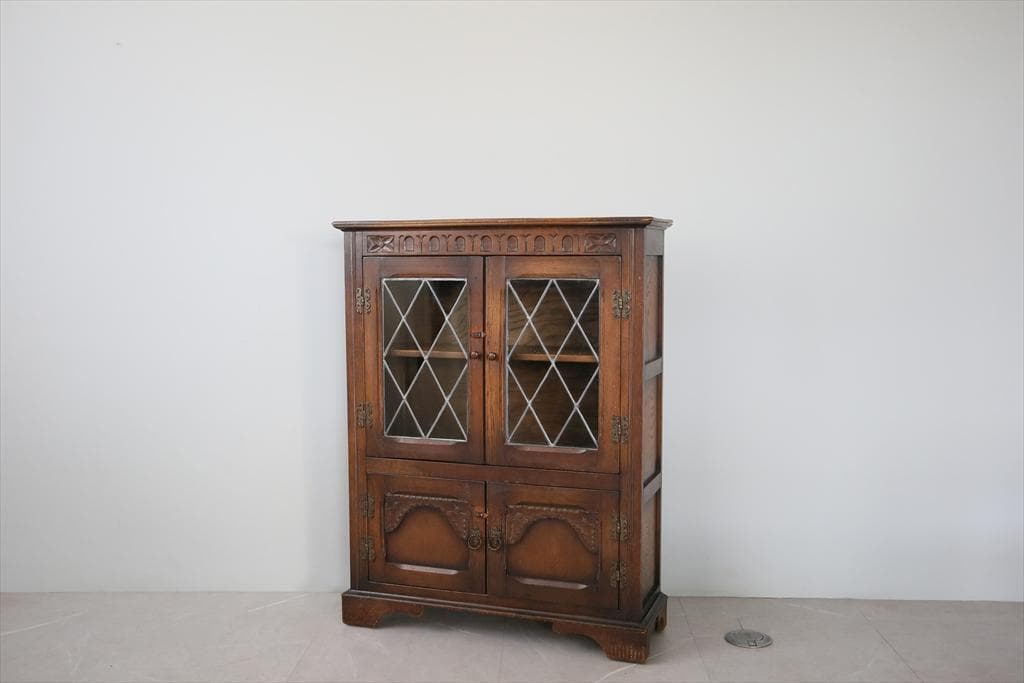 英国アンティーク木製ブックケースキャビネット/本棚/食器棚/飾り棚(91-163