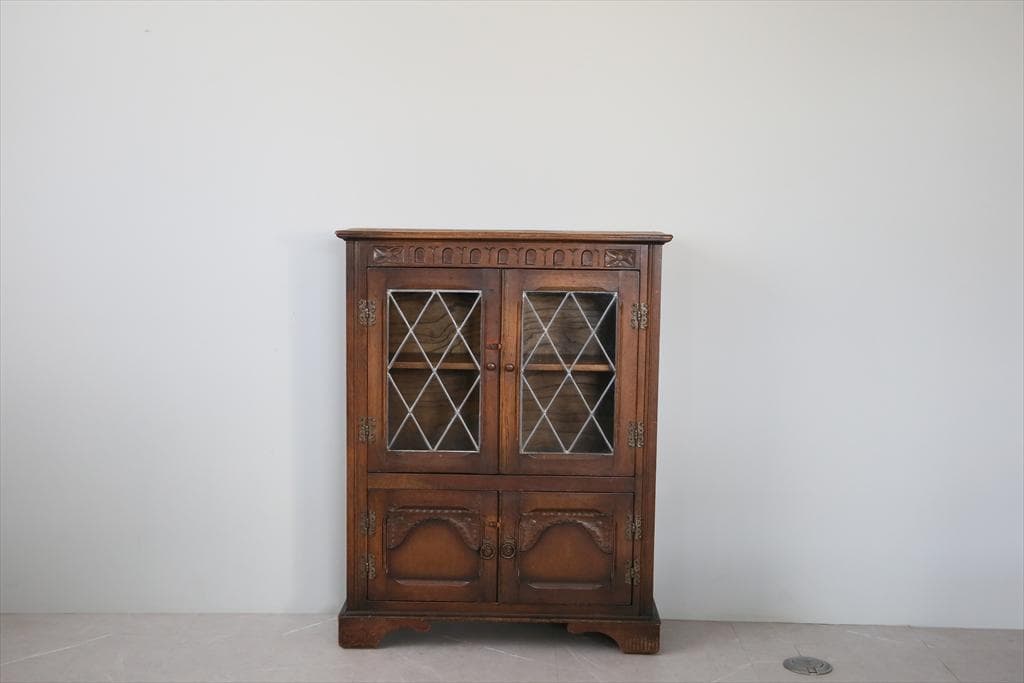 英国アンティーク木製ブックケースキャビネット/本棚/食器棚/飾り棚(91-163