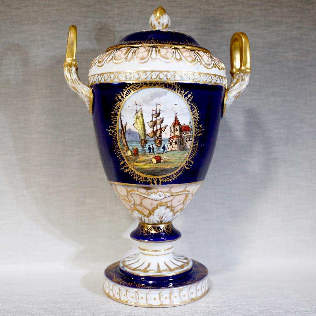 【送料込み】ドレスデン 帆船 壺 蓋付き 飾り壺 コバルト 金彩 ②