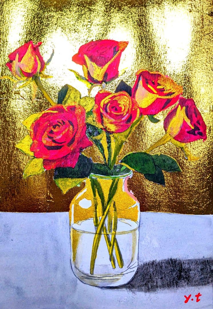 超美品！値下げ交渉あり。原画　金箔を押した赤薔薇　アクリル画　絵画