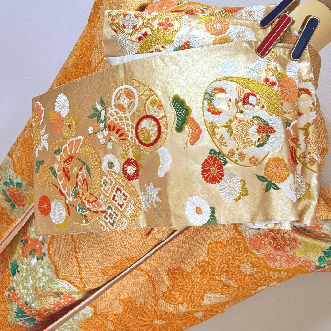 465 振袖フルセット 正絹 オレンジ 橙 金彩 絞り 駒刺繍 華やか ビビット