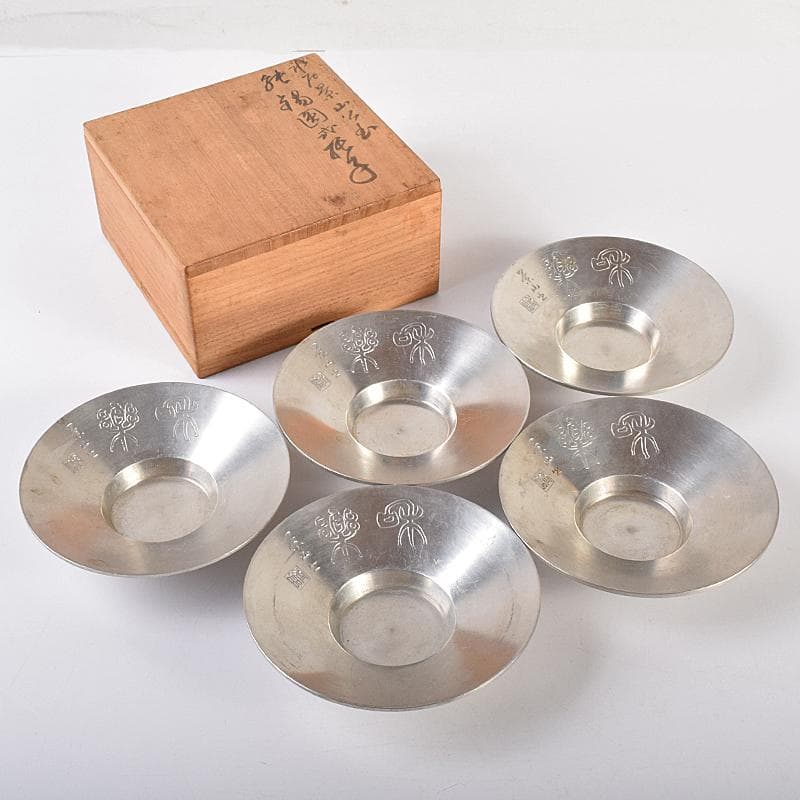 煎茶道具　平安　英青堂造　純錫園式茶托　五客　合計約588g　共箱　MR7702