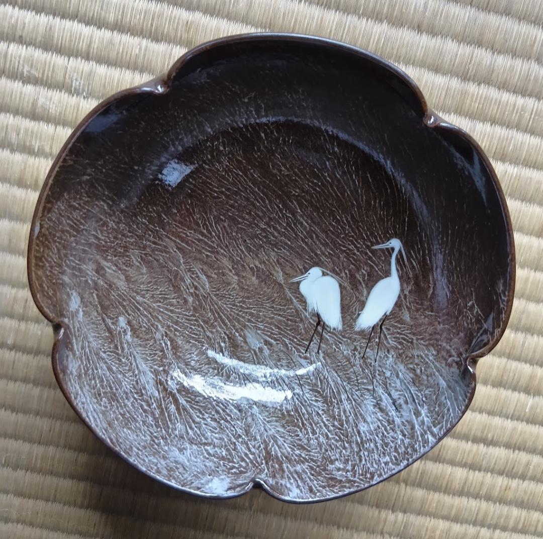 臥牛窯　十三代横石臥牛作　唄川菓子鉢　刷毛白鷺図　現川焼　木箱付き