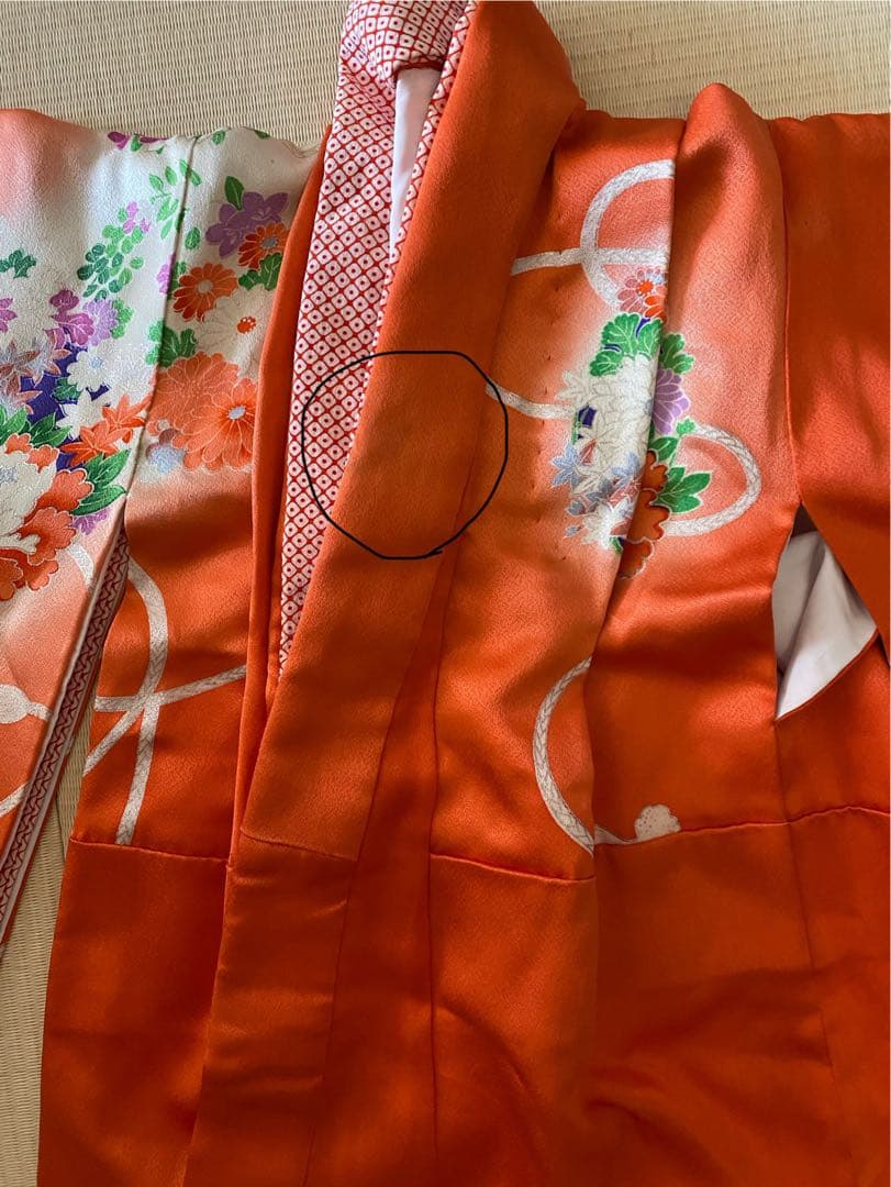 7歳七五三着物 オレンジ色 花柄刺繍付き　全セット