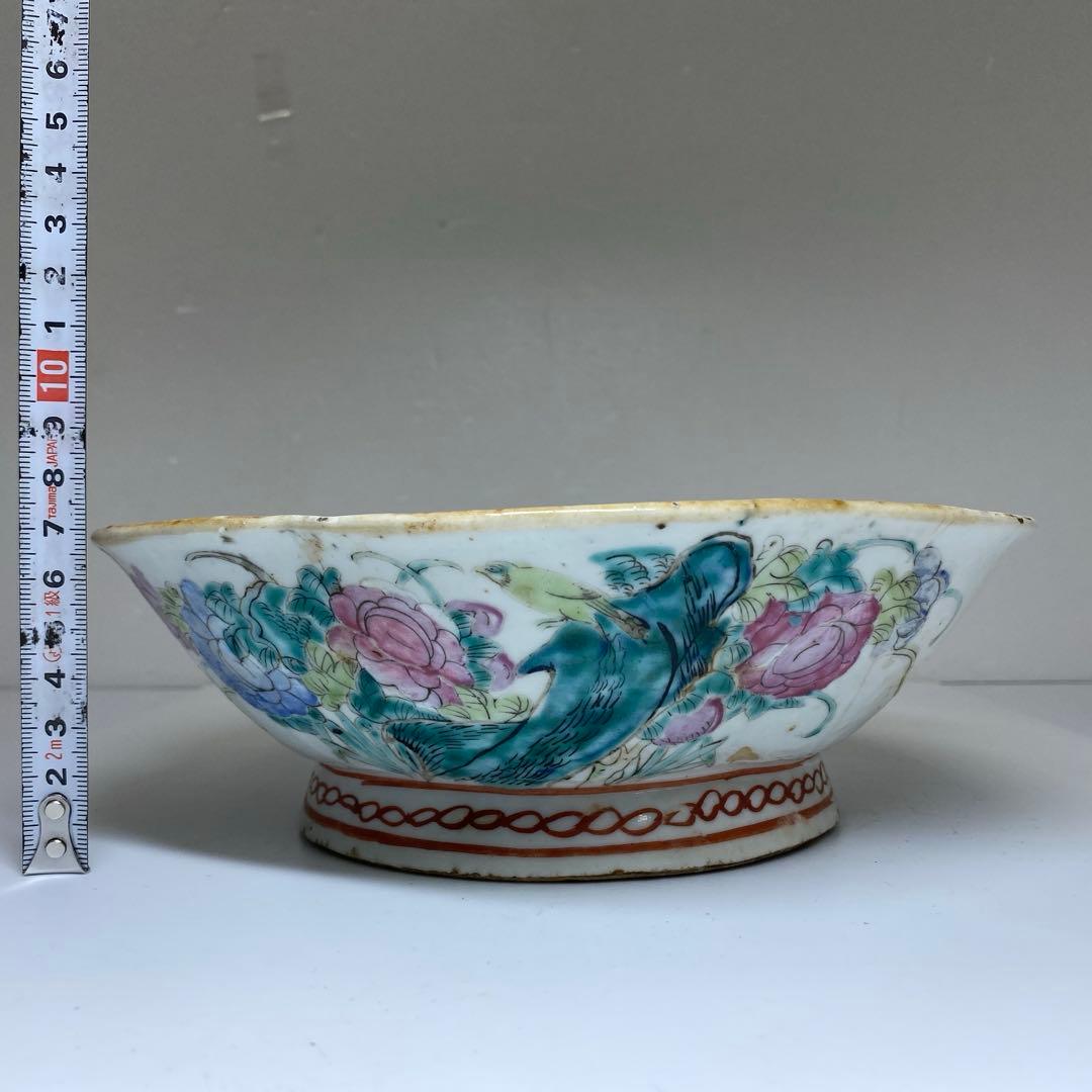 中国清時代　粉彩花鳥画鉢　幅約22㎝　東Y7-0331②タサオ