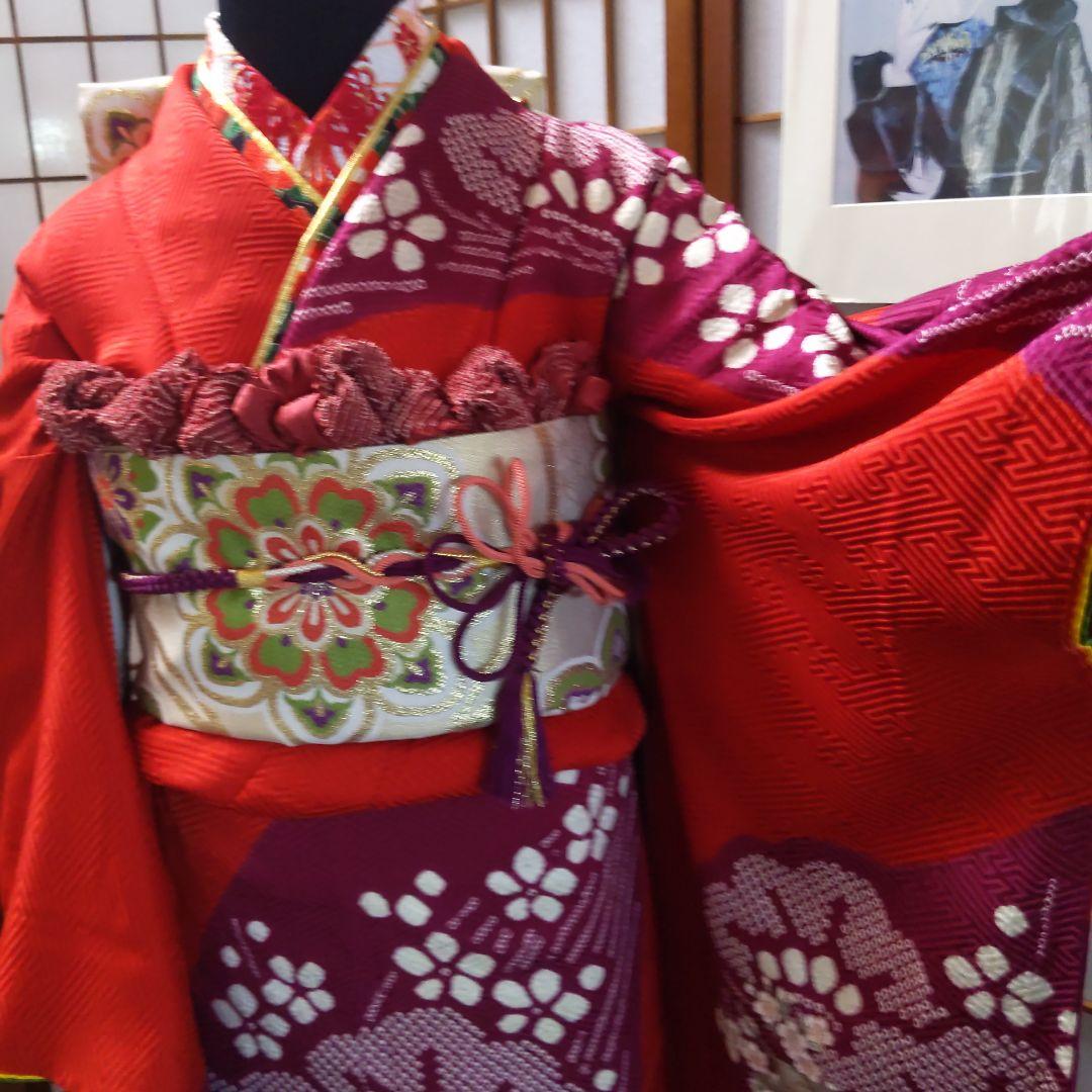 422桂由美　レトロポップ　絞り　赤　螺鈿落款　正絹振袖6点フルセット成人卒業式