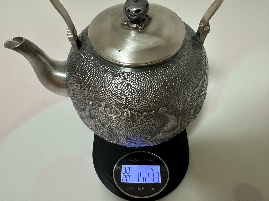 極上純銀製 仙鶴雲花文様 高工芸 湯沸 銀瓶 煎茶道具 重量1521g