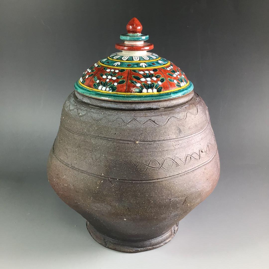 Ｒ５０３　水指　『萬古焼』『堀野証嗣造』『赤絵蓋』『替蓋付』『南蛮水指』　共箱