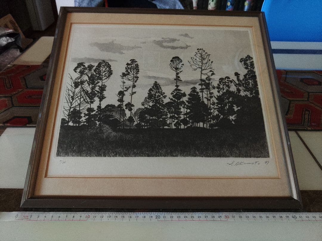 版画？　林の風景　作者S.Okamoto　サイン有り　繊細な樹木　額入り