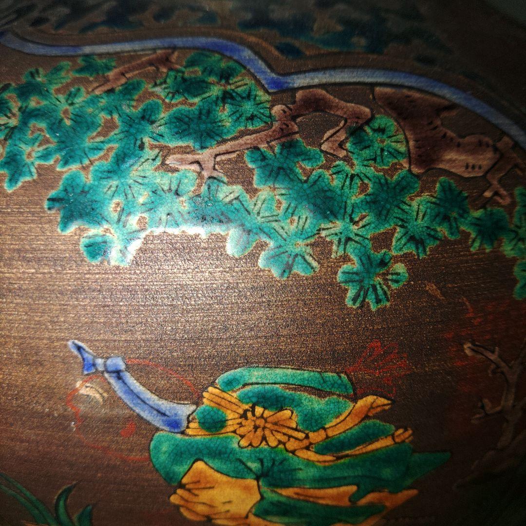 古青手九谷焼　緑釉獅子付香炉　高さ35cm