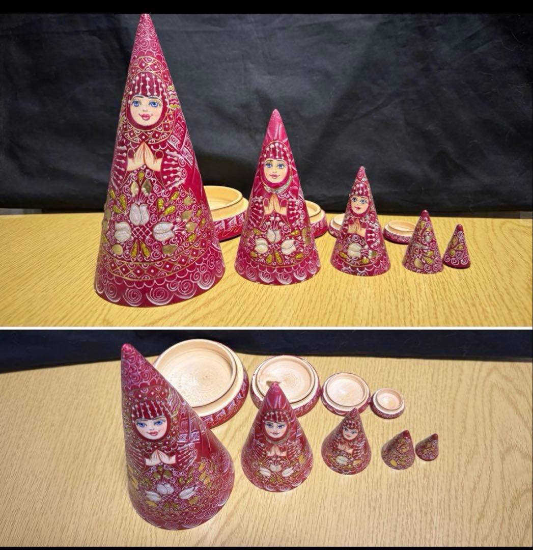 ロシア　アーティスト　えんじ色三角マトリョーシカ　5体、長期保存、現状