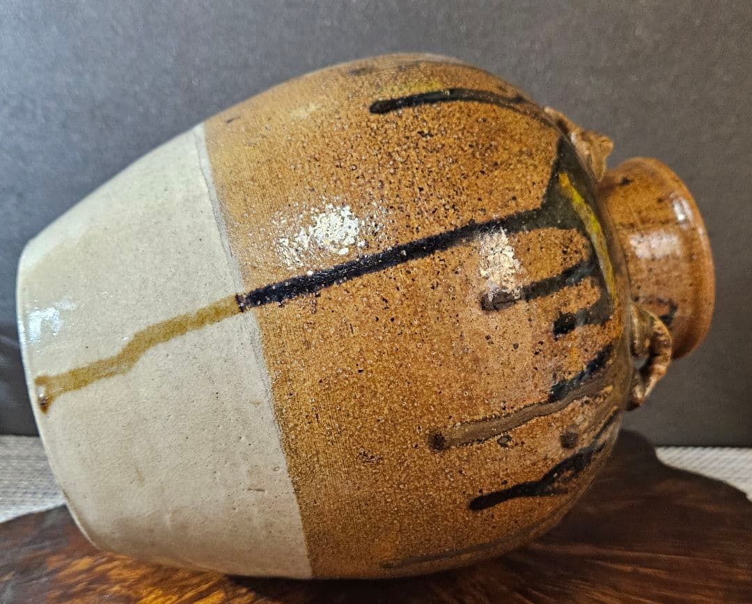 明治時代　古信楽　釉流れ　四耳壺 高 約22.7cm　花入れ　花生け　花器