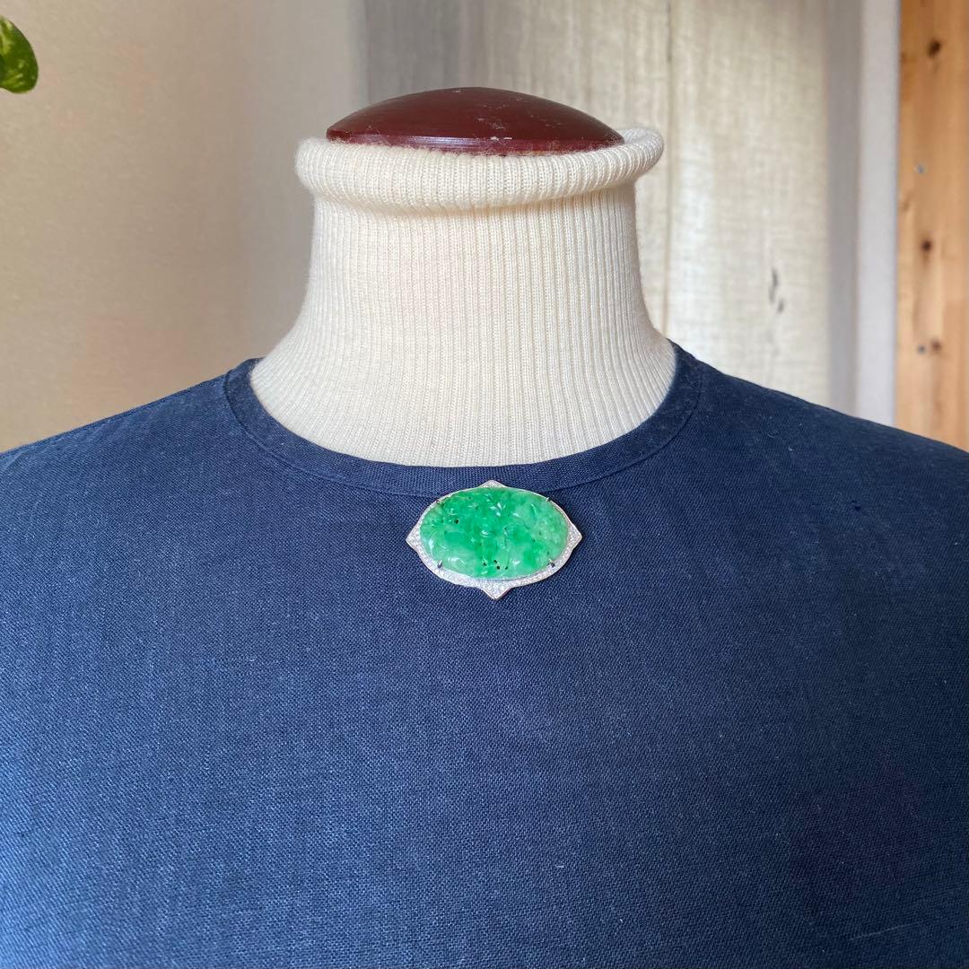 特注品　pt950翡翠ダイヤブローチ　アンティーク帯留からのリメイク　美しい