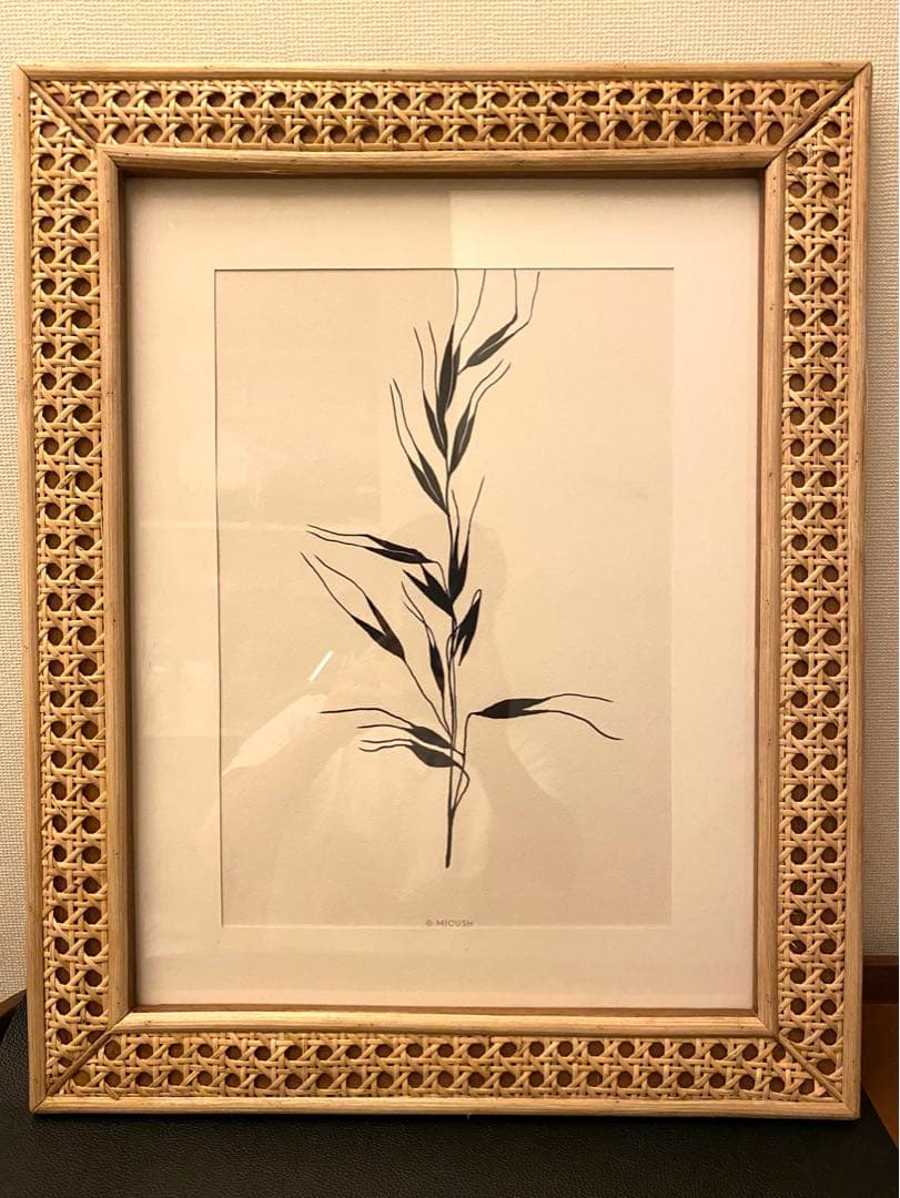 ラタン額縁　植物シルエット　アートプリント