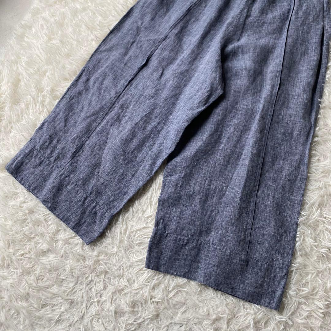 【美品】 登美 群言堂 リネンワイドパンツ サルエルパンツ ブルー FREE