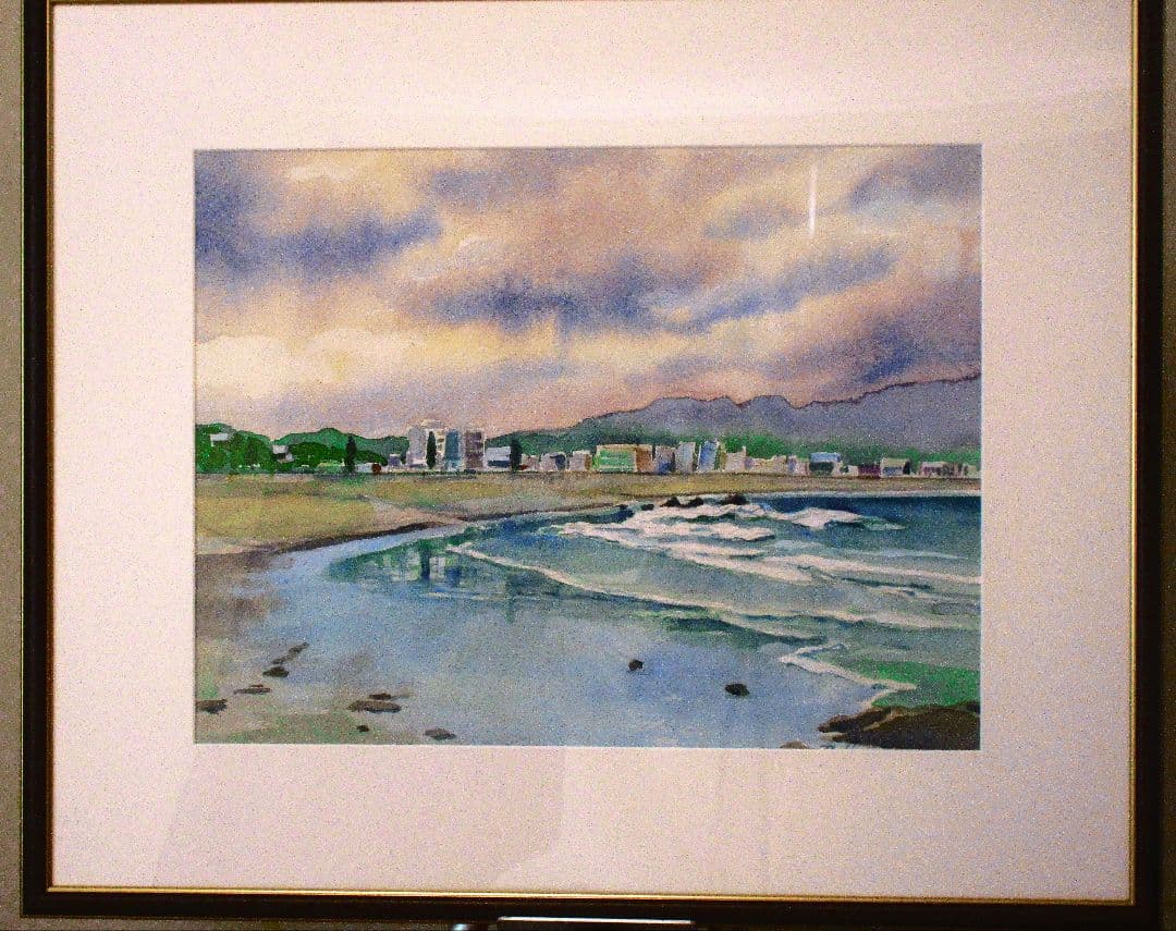 海岸風景 水彩画 額装済み F6サイズ