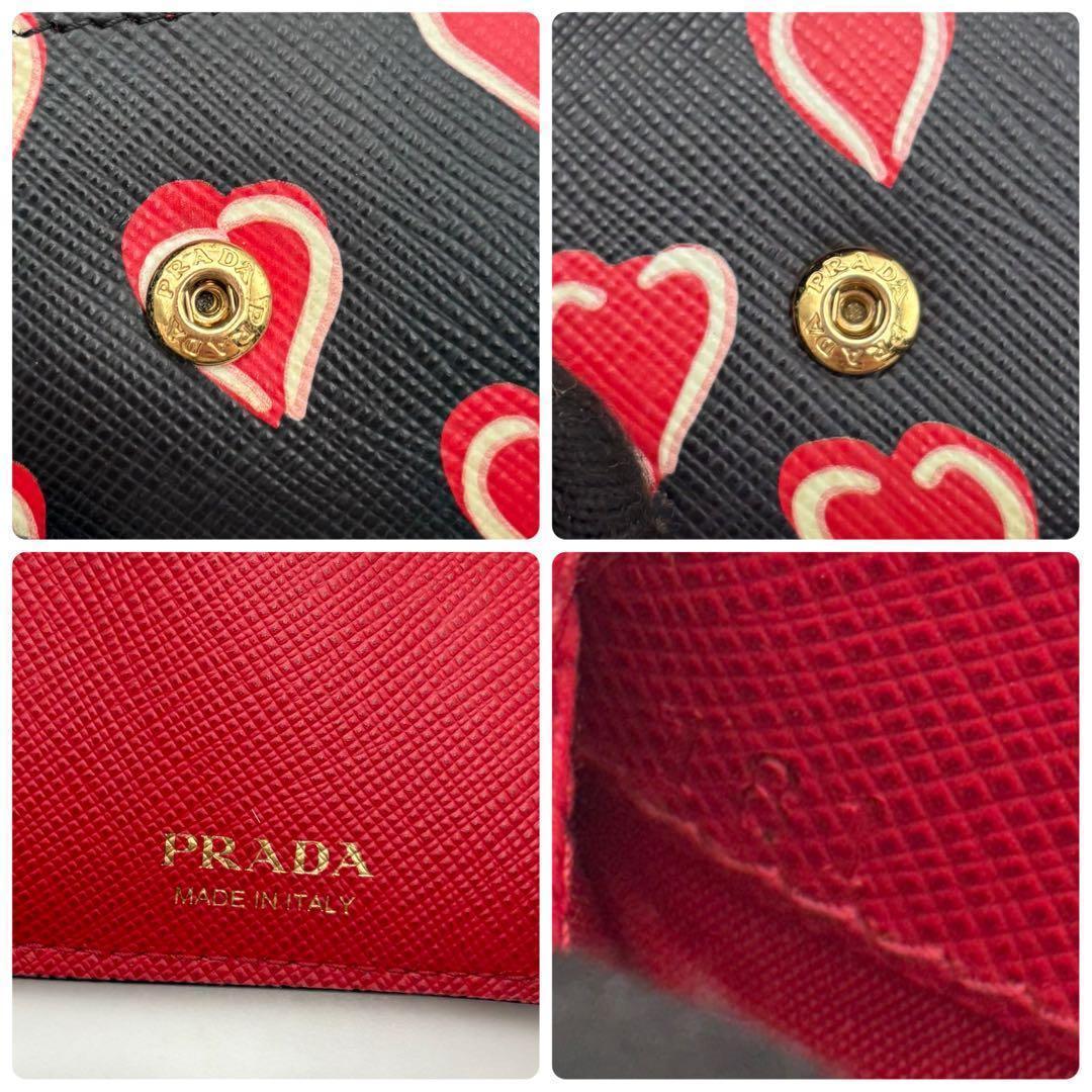 極美品　PRADA ハート柄 三つ折り財布　プラダ　財布　黒　赤　ブラック