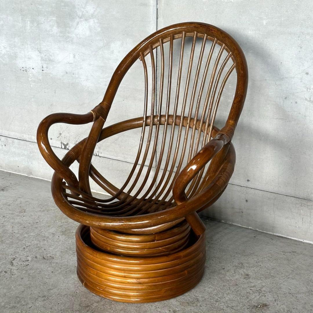 ꧁昭和浪漫꧂ 360度回転式ラタンチェア　籐家具 ひじ掛け 大型椅子　アジアン