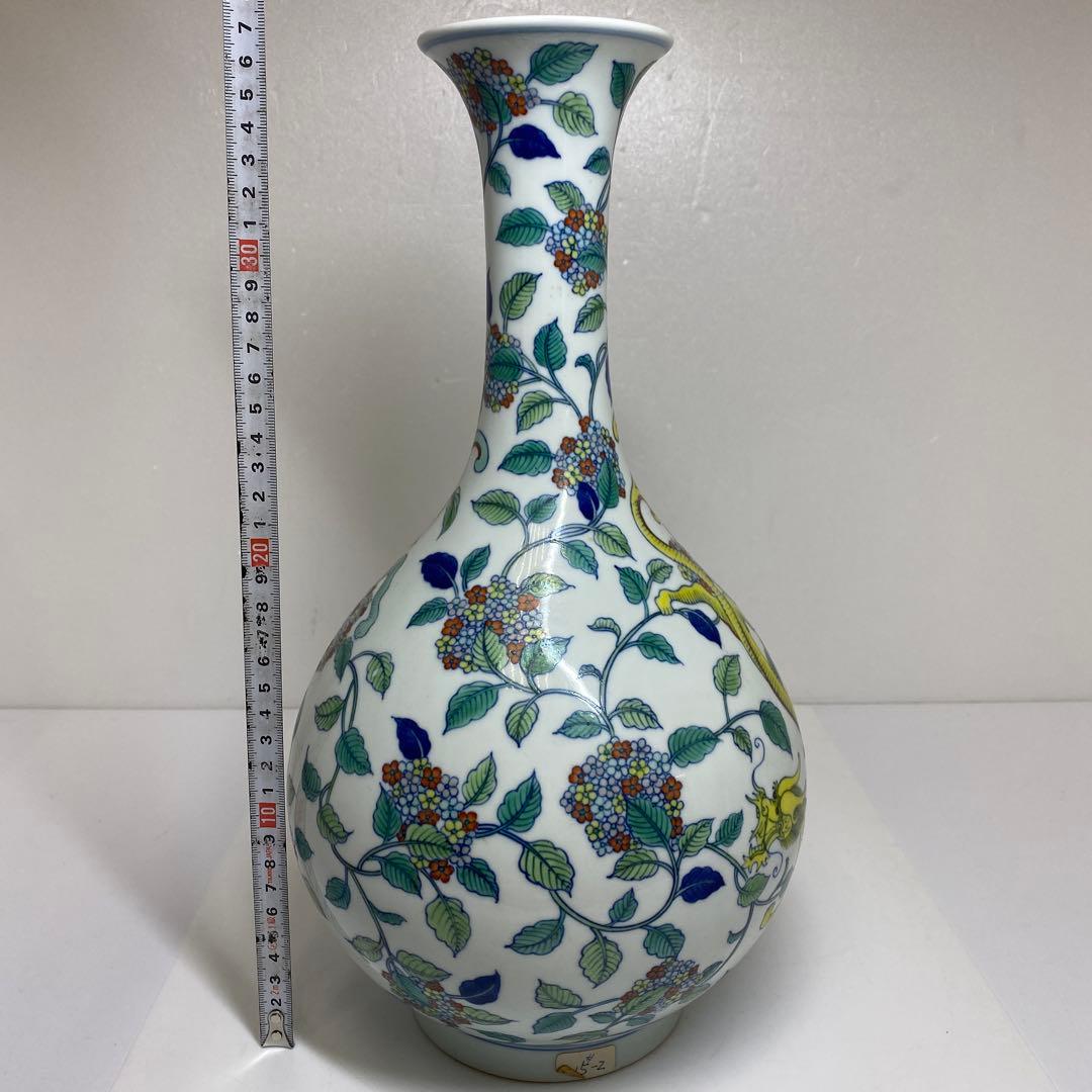 マンボウさん専用大清乾隆年粉彩龍に紫陽花図花瓶高さ37.5㎝　東Y7-0210④