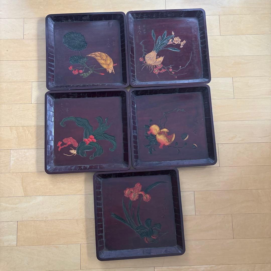 讃岐彫　四方盆　讃岐盆　5枚セット　手彫り 角盆 絵変り 讃岐木地漆