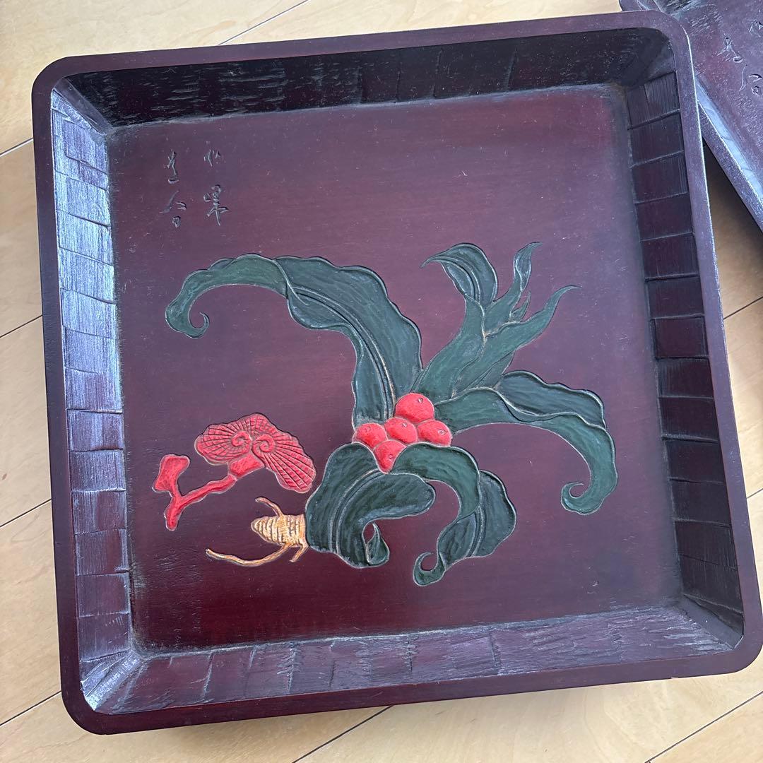 讃岐彫　四方盆　讃岐盆　5枚セット　手彫り 角盆 絵変り 讃岐木地漆