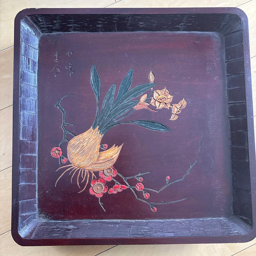 讃岐彫　四方盆　讃岐盆　5枚セット　手彫り 角盆 絵変り 讃岐木地漆