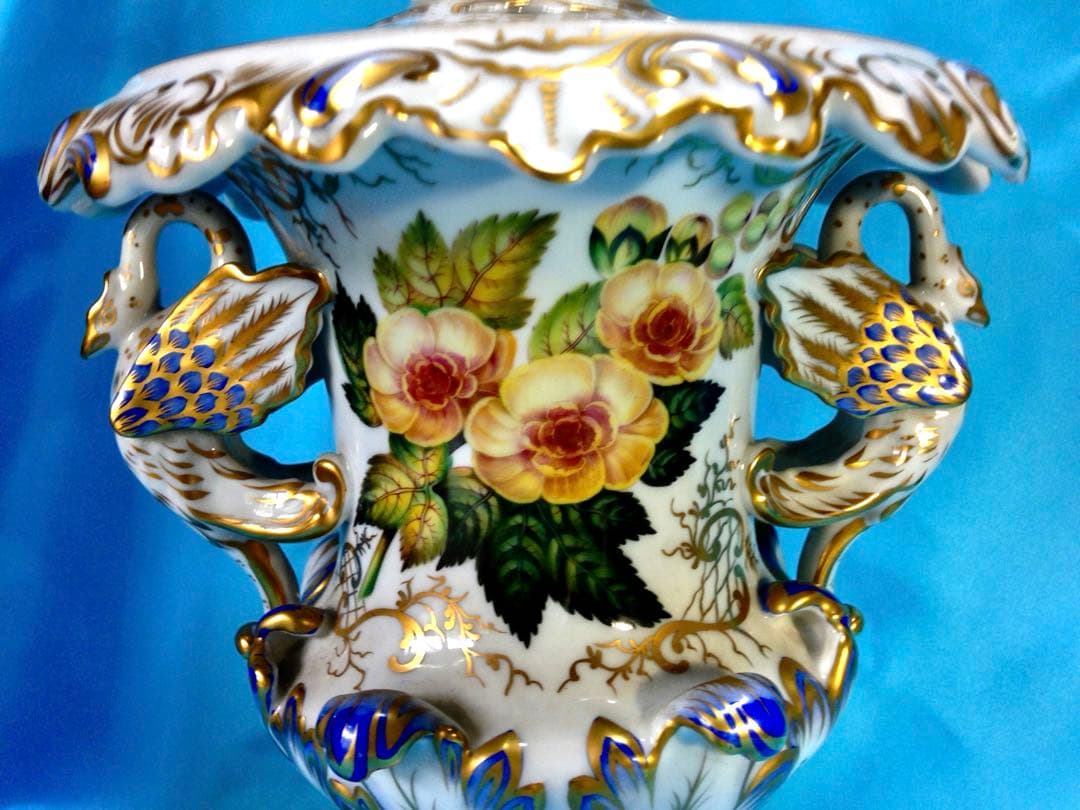 ヘレンドアンティーク☆コンポート蓋付花瓶飾物陶器H34.5金彩一点物☆美しい花柄