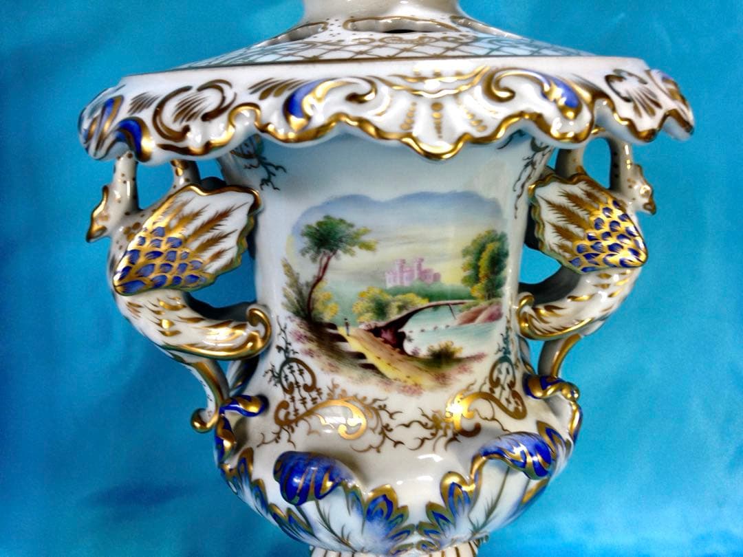 ヘレンドアンティーク☆コンポート蓋付花瓶飾物陶器H34.5金彩一点物☆美しい花柄