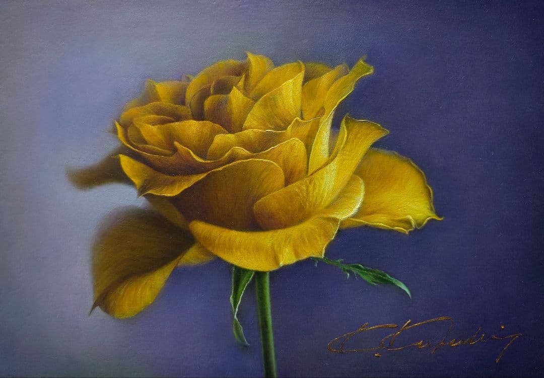 黄色のバラ 油彩画 　静物画　写実絵画