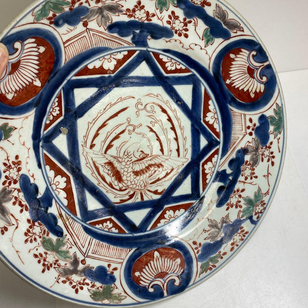 江戸中期　元禄伊万里　赤絵　鳳凰図　大皿　幅約36.5㎝　東さ8-0122①