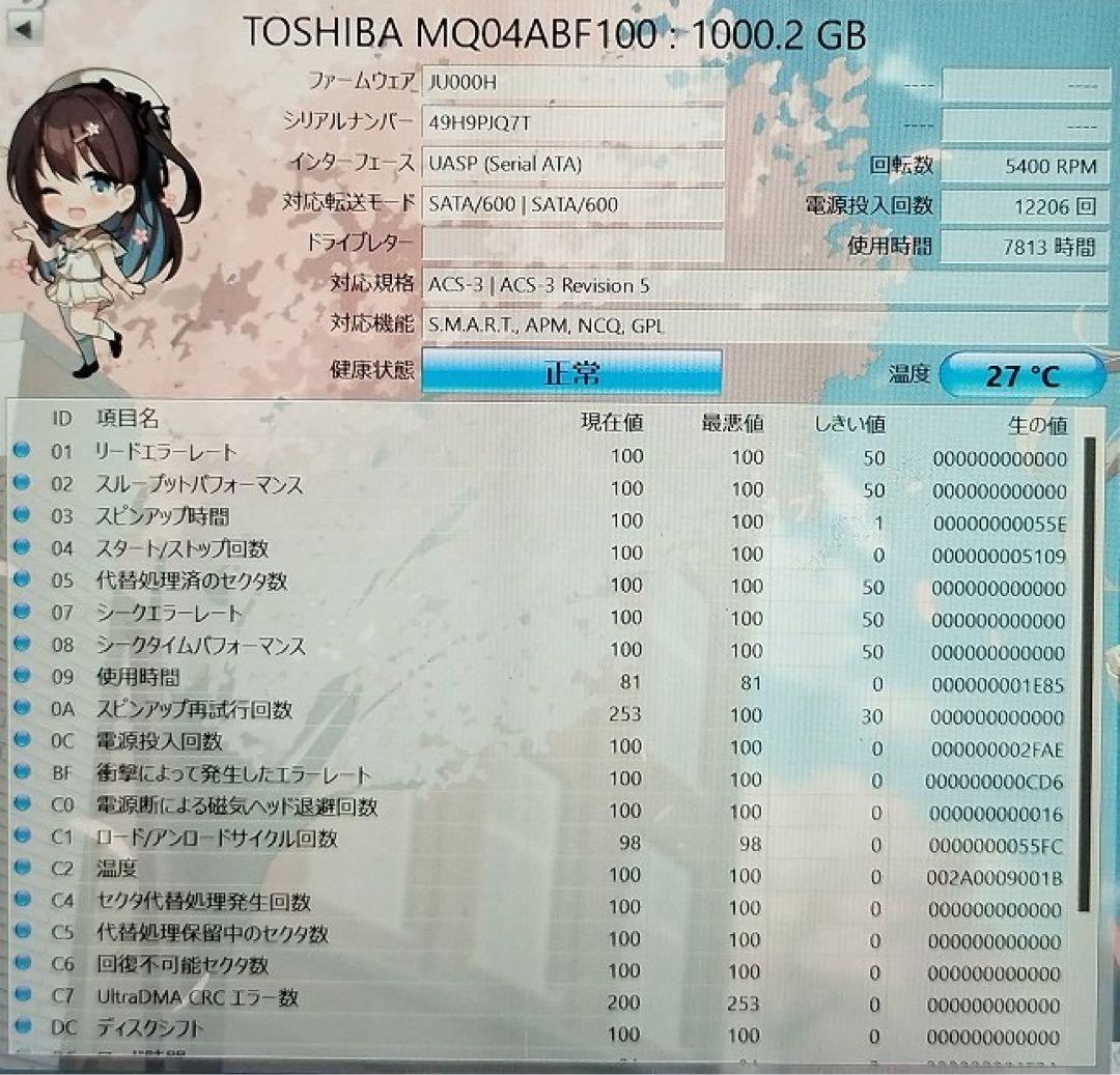 1TB HDD 4枚セット 2.5インチ Crystal 正常判定 1000GB