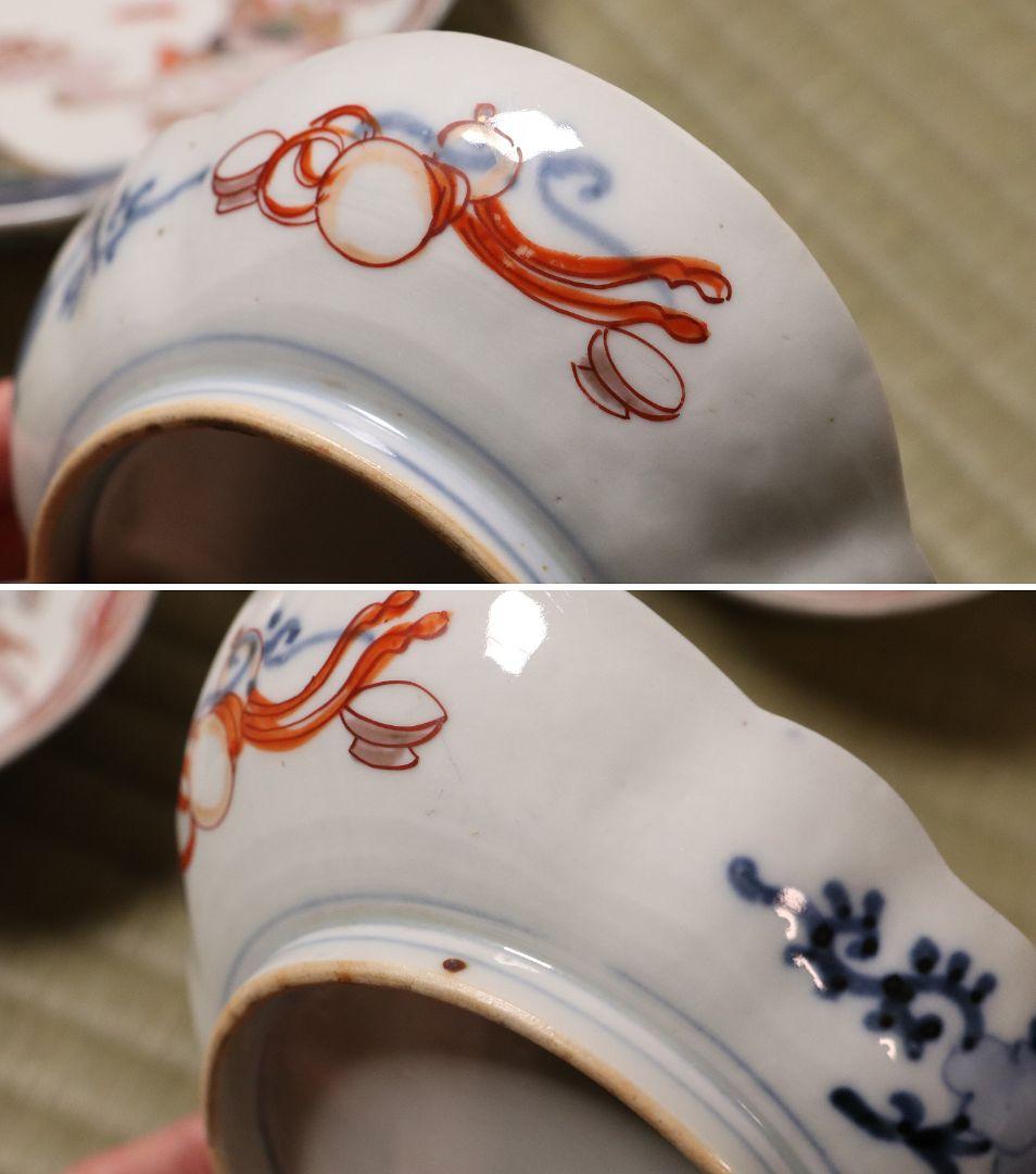 古伊万里 鳥の図 色絵 刺身皿 変形皿 五客 錦手 鴛鴦 鶴 瓢箪 CL96