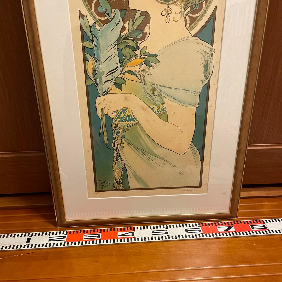 アルフォンス・ミュシャ　羽根ペン　リトグラフ　絵画　額縁　大型　美術品