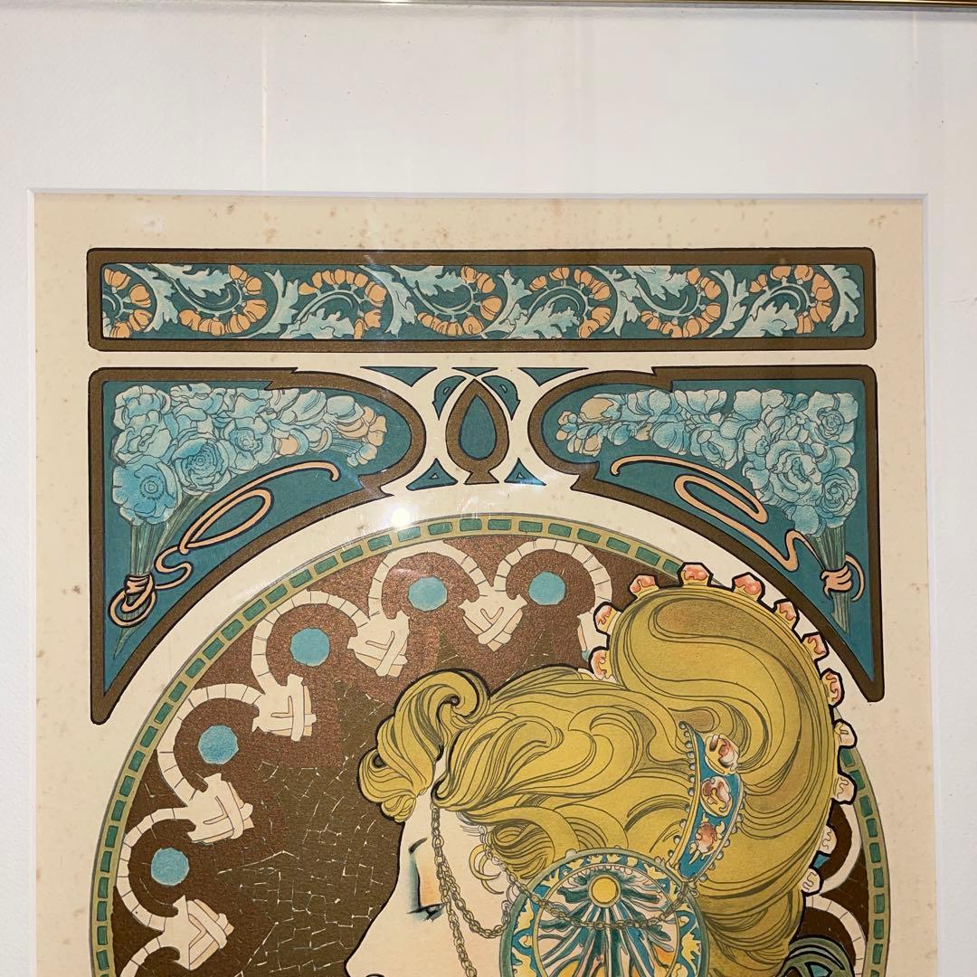 アルフォンス・ミュシャ　羽根ペン　リトグラフ　絵画　額縁　大型　美術品