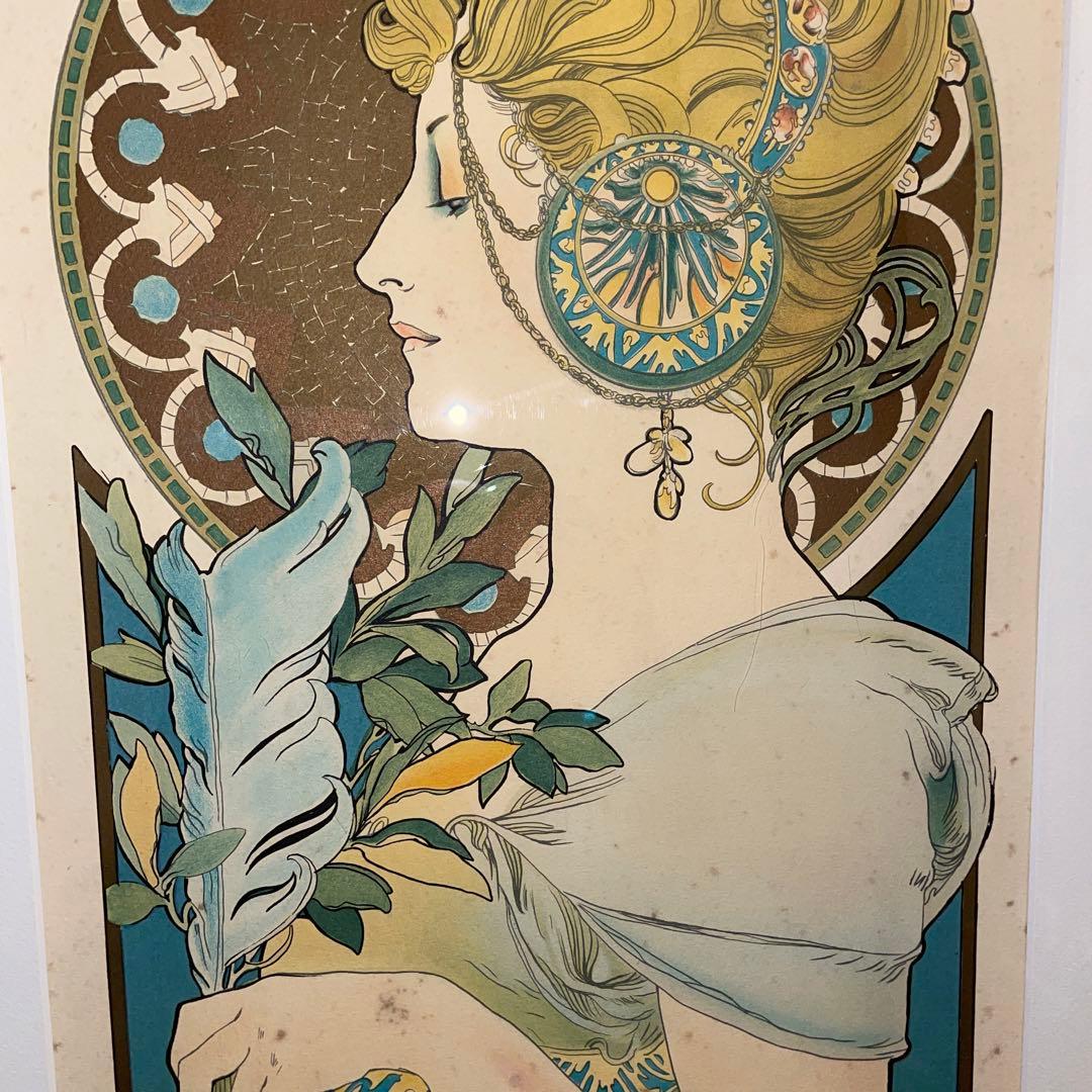 アルフォンス・ミュシャ　羽根ペン　リトグラフ　絵画　額縁　大型　美術品