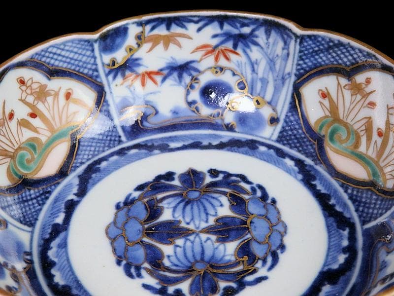 古伊万里　染錦　窓絵　雪輪に笹　花の図　膾皿　江戸期　C744AS-fbtv